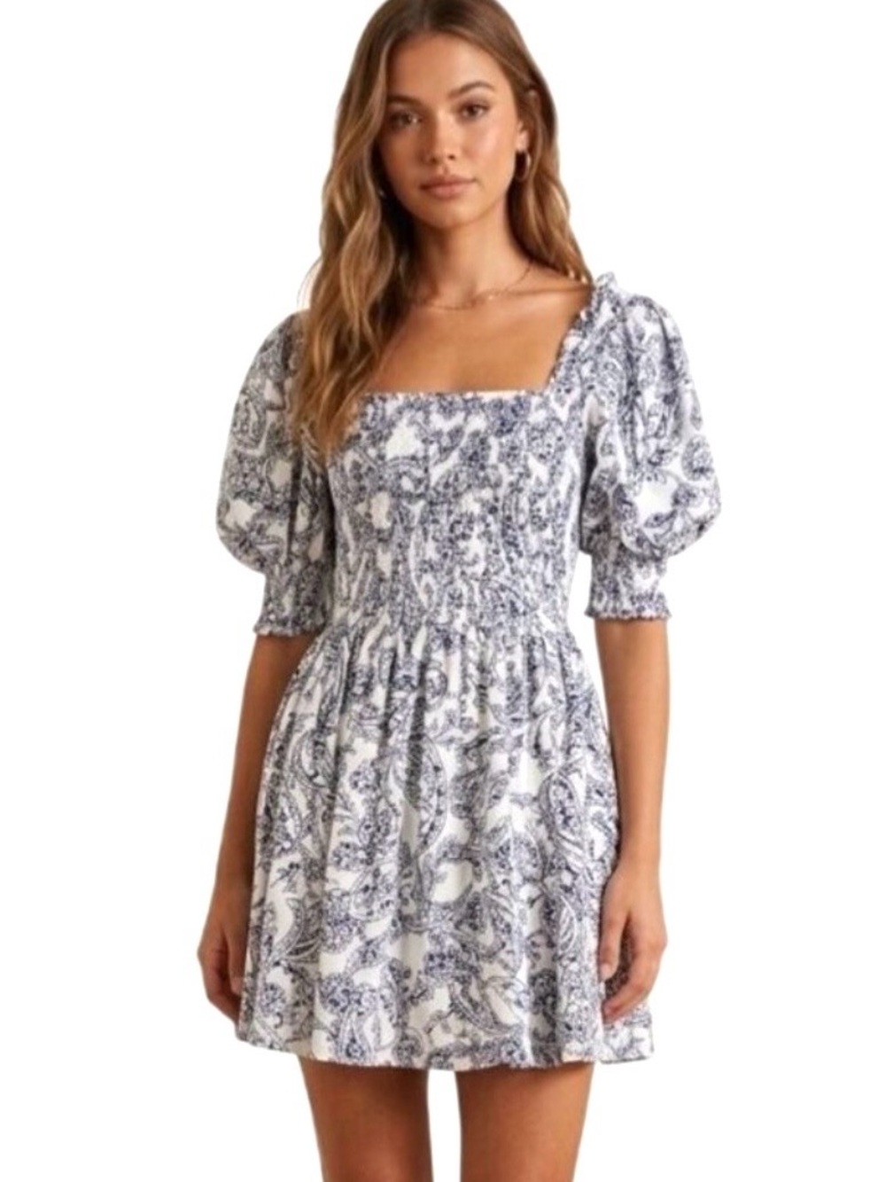 1.State Smocked Floral Puff Sleeve Dress M Coquette Fairy Romantic Ruffle